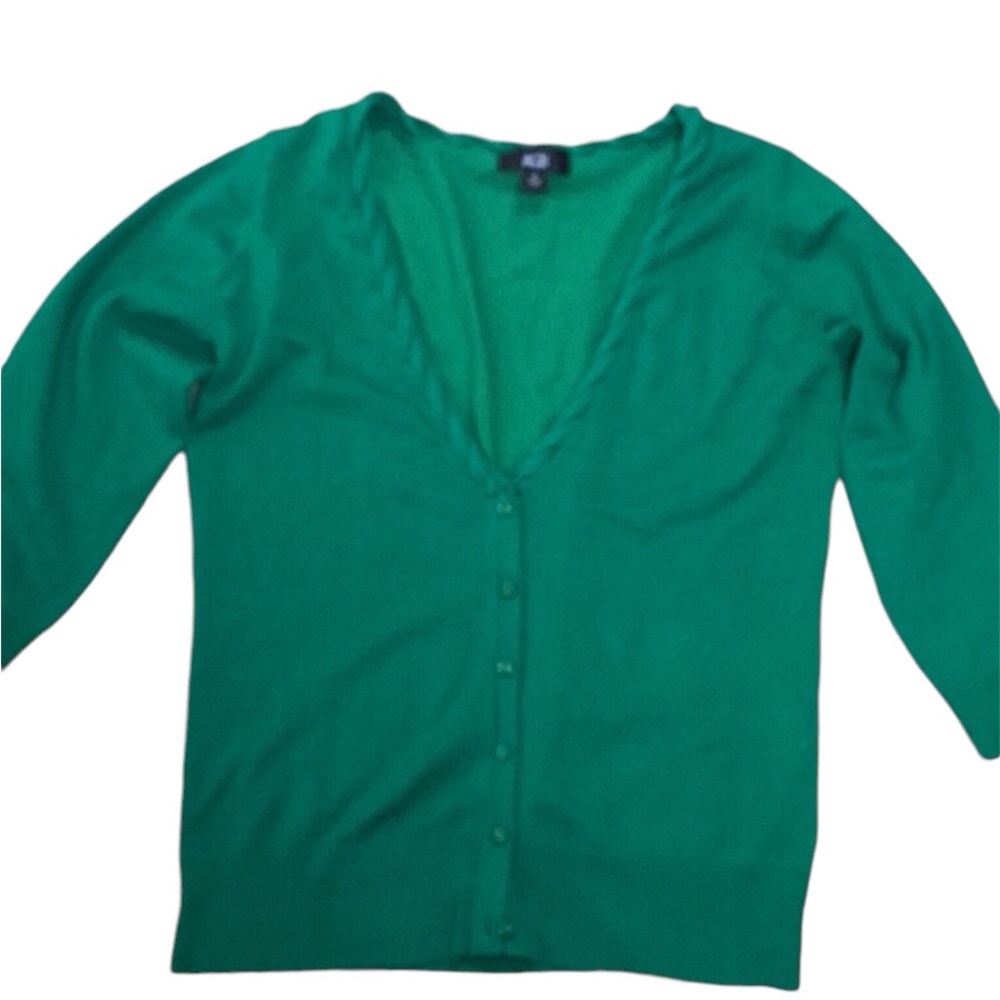 AGB Braided Neckline Kelly Green Emerald Green 3/4 Sleeve Cardigan Sweater Small